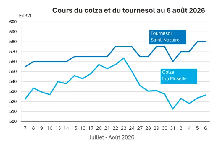 Graphique prix colza tournesol France au 6 août 2026 