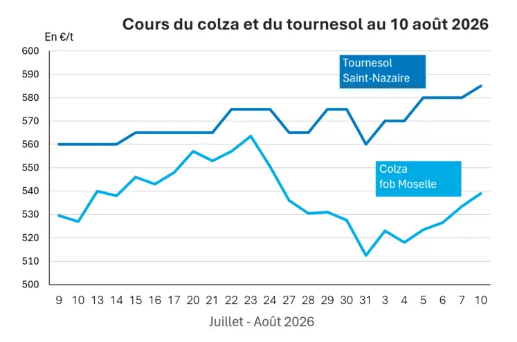 Graphique prix colza tournesol France au 10 août 2026 