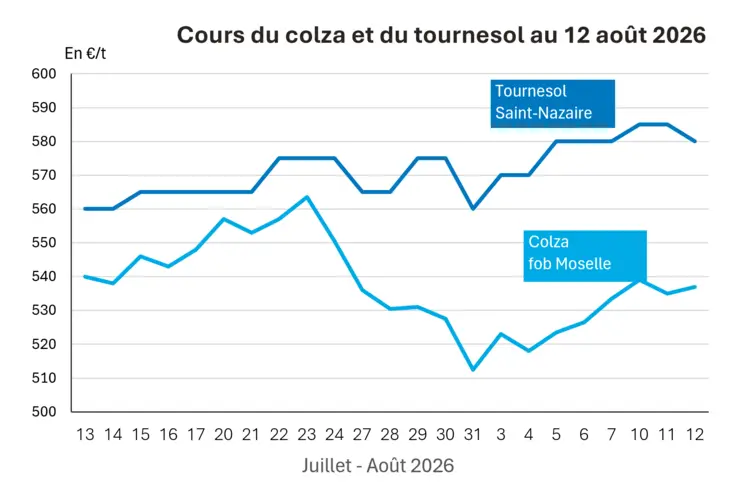 Graphique prix colza tournesol France au 12 août 2026