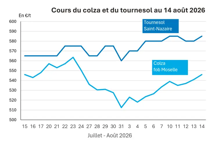 Graphique prix colza tournesol France au 14 août 2026
