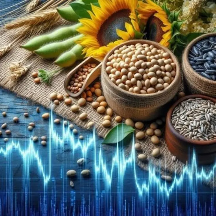 <em class="placeholder">Image générée par l'IA, avec graine de soja, colza, tournesol et fleur de tournesol sur fond de courbes d'évolution.</em>