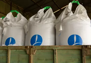sacs d'engrais en big bags sous un hangar agricole en 2020