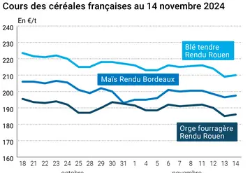 Graphique cours céréales françaises au 14 novembre 2024