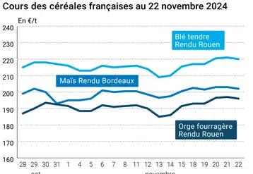 Graphique cours céréales françaises au 22 novembre 2024