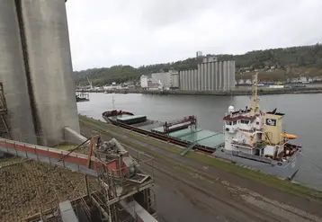 navire à quai devant des silos de grains de Sénalia sur le port de Rouen.