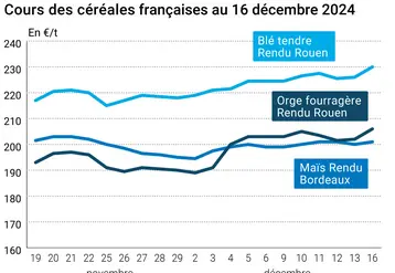 Graphique cours céréales françaises au 16 décembre 2024