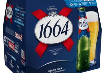 pack de bières 1664 Kronenbourg avec information sur les pratiques durables