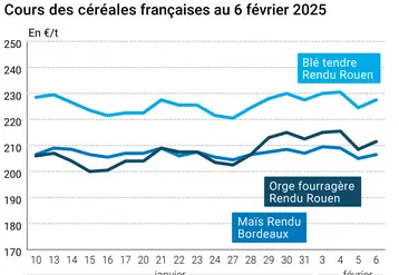 Graphique prix blé orge maïs France au 6 février 2025