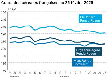 Graphique prix blé orge maïs France du 25 février 2025