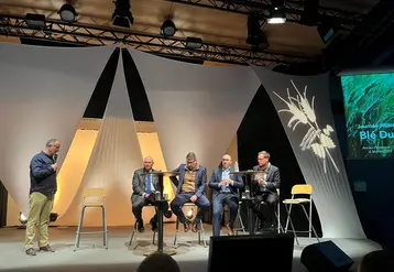 Yannick Carel (Arvalis), Patrick Jouannic (Soufflet Négoce), Charles Neron Bancel (Panzani), Clément Roux (Durum) et Nicolas Prevost (Emeric) lors de la table ronde marché du blé dur organisée par Arvalis lors de la journée blé dur du 6 février 2025