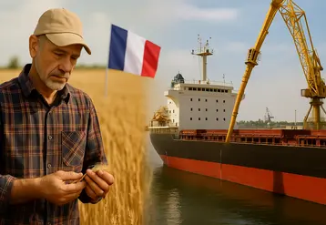 À gauche, un agriculteur français observe des épis de blé dans un champ où flotte le drapeau tricolore ; à droite, un cargo est en cours de chargement de céréales au port. 