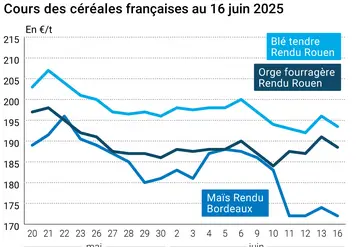 Graphique prix blé orge maïs France au 16 juin 2025