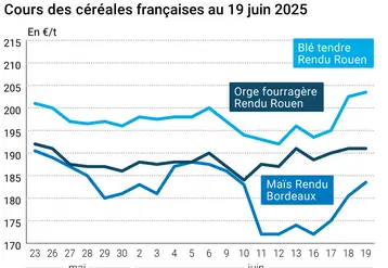 Graphique prix blé orge maïs France du 19 juin 2025