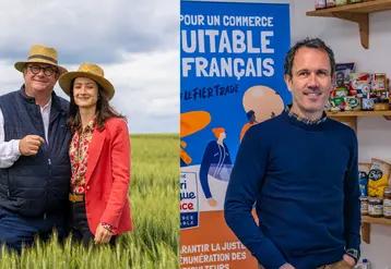 Montage photo montrant Bertrand et Eugénie Girardeau dans un champ de blé à gauche et un portrait de Ludovic Brindejonc à droite.