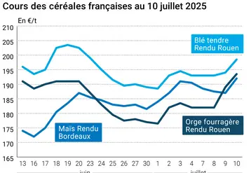 Graphique prix blé orge maïs France au 10 juillet 2025