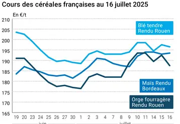 Graphique prix blé orge maïs France au 16 juillet 2025