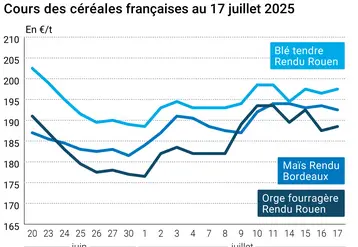 Graphique prix blé orge maïs France au 17 juillet 2025