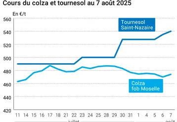 Graphique prix colza tournesol France du 7 août 2025