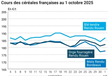 Graphique prix blé orge maïs France du 1er octobre 2025