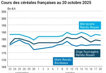 Graphique prix blé orge maïs France du 20 octobre 2025