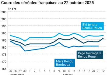 Graphique prix blé orge maïs France du 22 octobre 2025