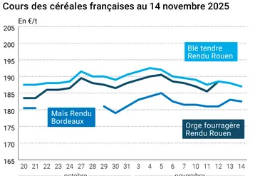 Graphique prix blé maïs orge France au 14 novembre 2025 