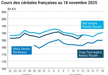 Graphique prix blé orge maïs France au 18 novembre 2024