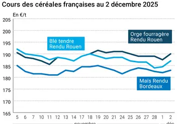 Graphique prix blé maïs orge France au 2 décembre 2025 