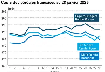 Graphique prix blé maïs orge France au 28 janvier 2026 