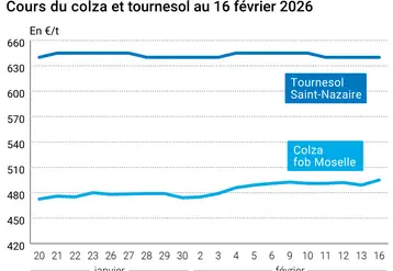Graphique prix colza tournesol France au 16 février 2026  