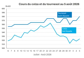 Graphique prix colza tournesol France au 5  août 2026 