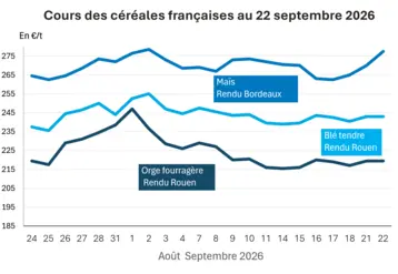 Graphique prix blé, orge et maïs France au 22 septembre 2026