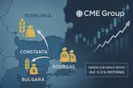 Carte de la mer noire avec des flèches qui représentent les échanges de blé en mer Noire avec un graphique des cours du blé et le logo du CME Group