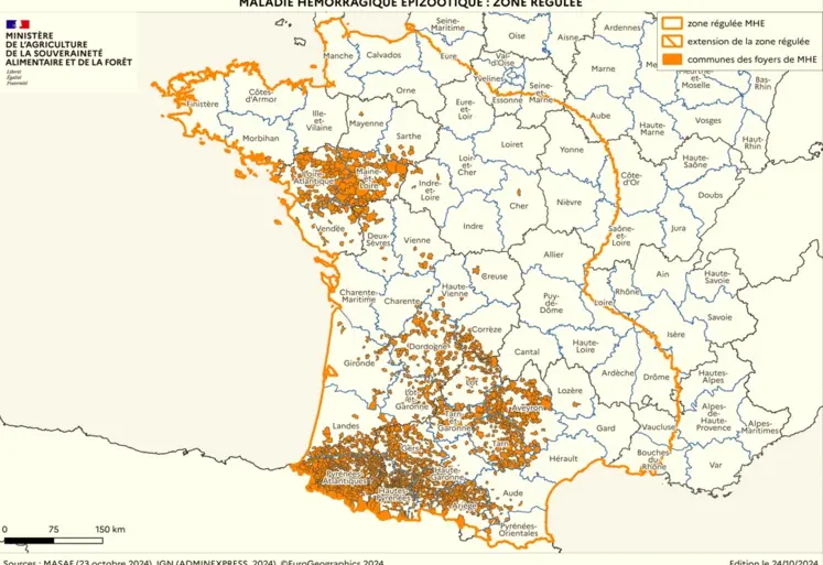 Cartographie de la zone réglementée au titre de la MHE à partir des foyers du sud-ouest (à la date du 24 octobre 2024)