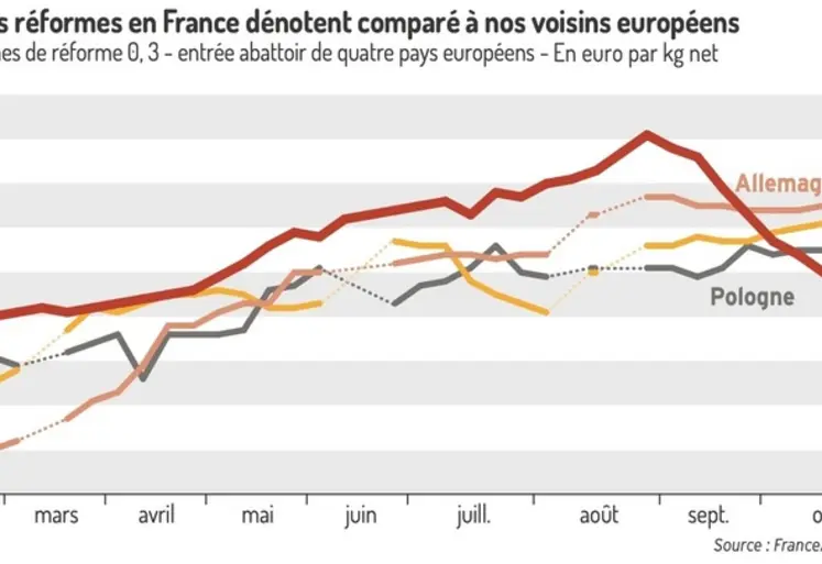 <em class="placeholder">Graphique sur l&#039;évolution des prix des vaches de réforme notée O, dans 4 pays de l&#039;UE : France, Allemagne, Irlande et Pologne. </em>