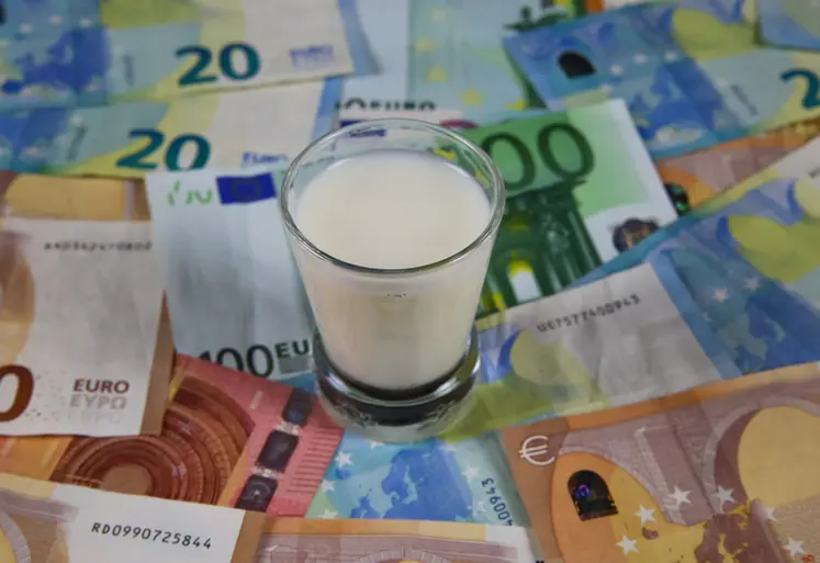 <em class="placeholder">Milk price and agricultural products trend concept: Small glass of milk on euro money bank notes</em>