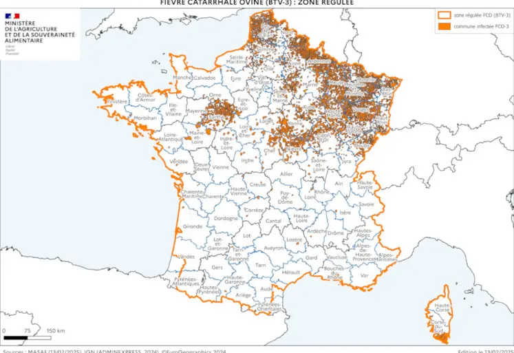 Carte de la zone régulée FCO 3 à la date de jeudi 13 février 2025.