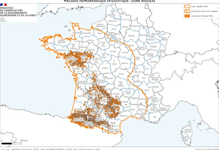 Carte de la zone régulée MHE à la date de jeudi 13 février 2025.