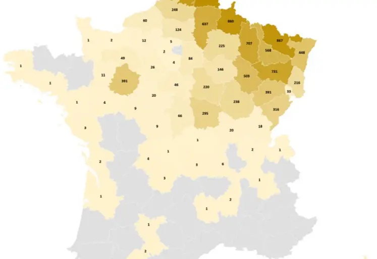 Carte de la répartition des foyers déclarés de FCO 3 en France, à date du 13 mars 2025.