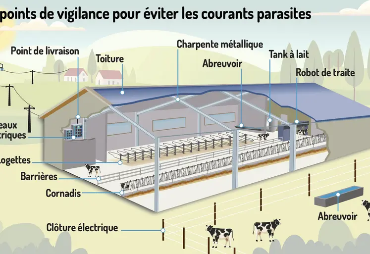 Infographie des points de vigilance pour éviter les courants parasites en élevage laitier.