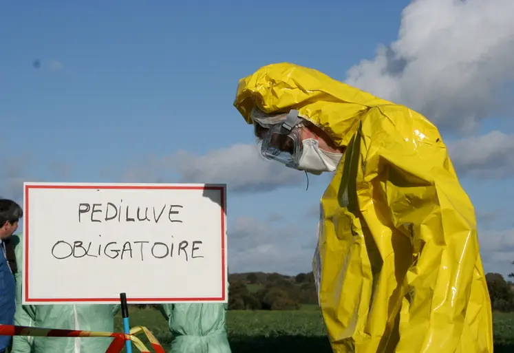 <em class="placeholder">pediluve / exercice de simulation IA  en novembre 2005 . exercice simulation Influenza aviaire. pathologie en élevage de volaille. épidémie. épizootie. grippe aviaire. ...</em>