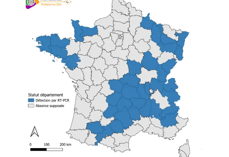 Carte de France des départements ayant détecté la présence du virus Shamonda-Europe par RT-PCR au 8 septembre 2026.