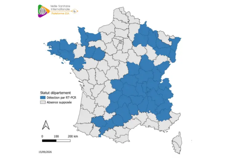 Carte de France des départements ayant détecté la présence du virus Shamonda-Europe par RT-PCR au 15 septembre 2026.