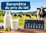 vaches laitières avec broc et verre de lait, une courbe et l'indication "baromètre du prix du lait"