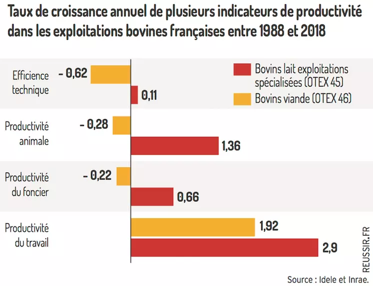 Taux de croissance annuel de plusieurs indicateurs de productivitédans les exploitations bovines françaises entre 1988 et 2018. © Source : Idele et Inrae.