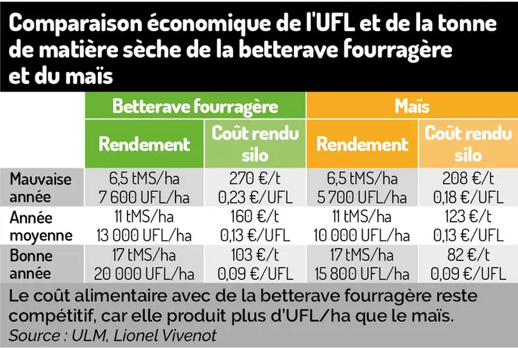 Le coût alimentaire avec de la betterave fourragère reste compétitif, car elle produit plus d’UFL/ha que le maïs.
