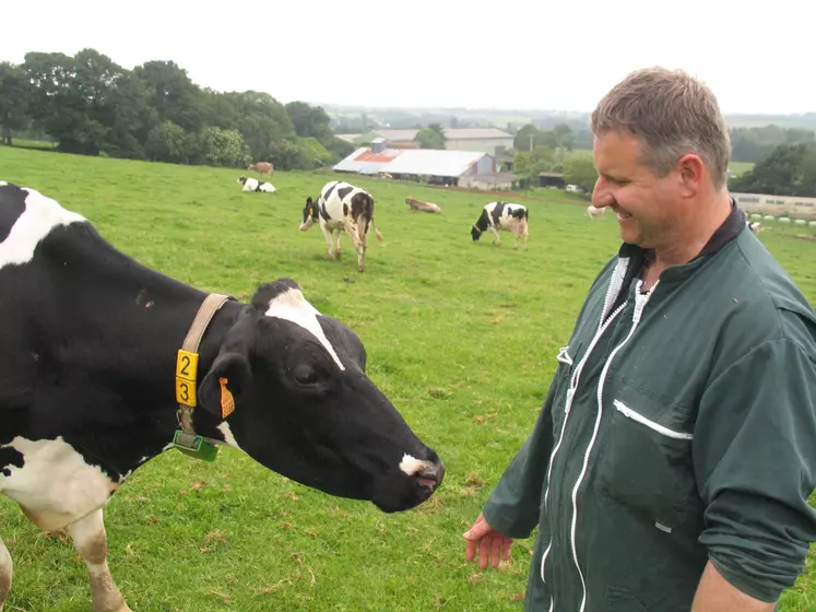 Eleveur laitier souriant avec une vache dans une prairie 