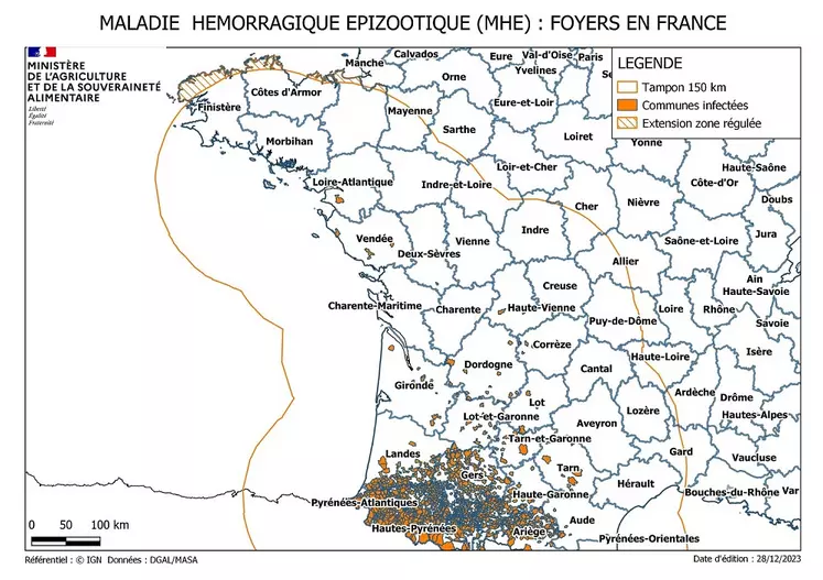 Cartographie de la zone réglementée au titre de la MHE en date du 29 décembre 2023.