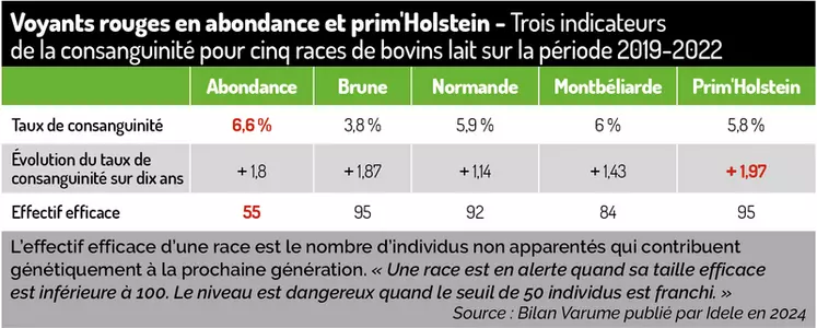 tableau de 3 indicateurs de la consanguinité pour 5 races de vaches laitières