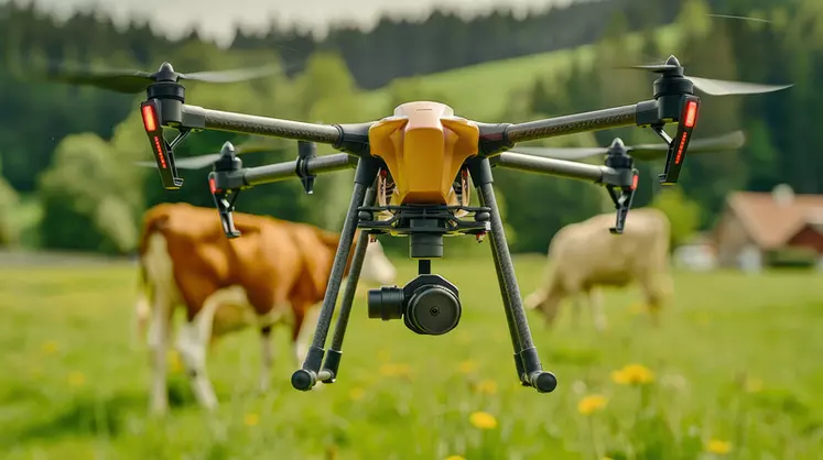 Close-up of a drone flying over a field with cows in the background, showcasing agricultural technology and modern farming techniques.